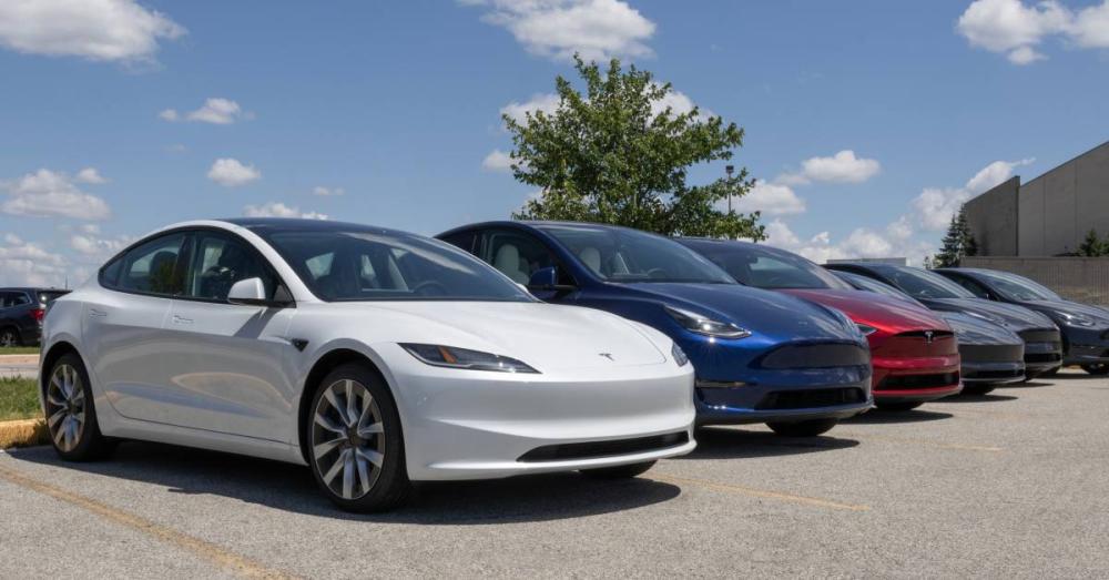 The Tesla Model 3, Y, X, and S all lined up next to each other. There are two additional Teslas in the background. 